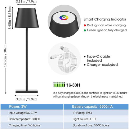 2 Pack LED Cordless Table Lamp with RGB & Stepless Dimming Rechargeable Battery Desk lamp 3W 5500mAh Battery Operated with Modern Portable Table Light for Indoor/Outdoor IP54 Waterproof (Black)