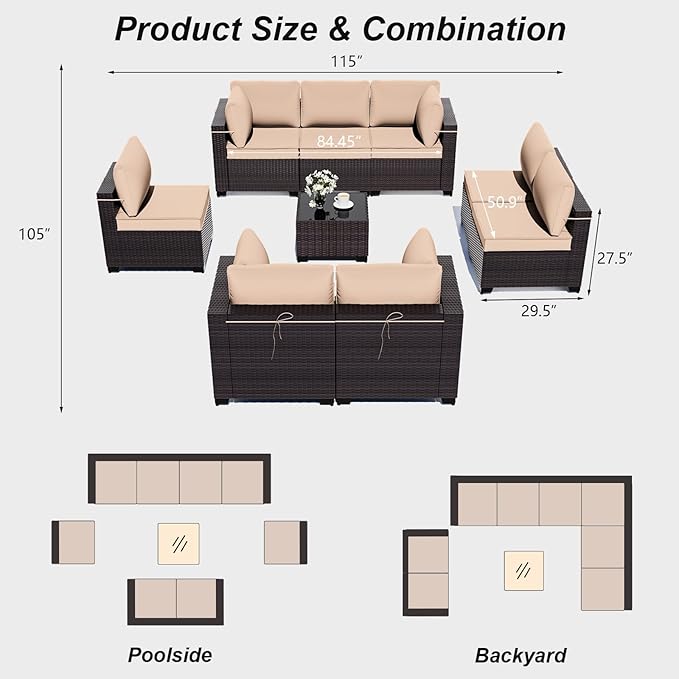 ALAULM 9 Pieces Patio Furniture Set Outdoor Sectional Sofa Sets Brown PE Rattan Patio Conversation Sets w/8 Sand Seat Cushions and 1 Coffee Table