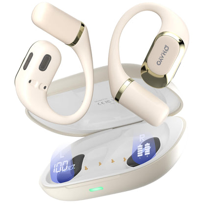 OHAYO Open Ear Headphones,Earbuds with Ergonomic Earhook,Bluetooth Headphones 5.4 with Smart Digital Display,40H Playtime,IPX6 Waterproof,Touch Control Earphones Fit Cycling,Running,Workout(Beige)