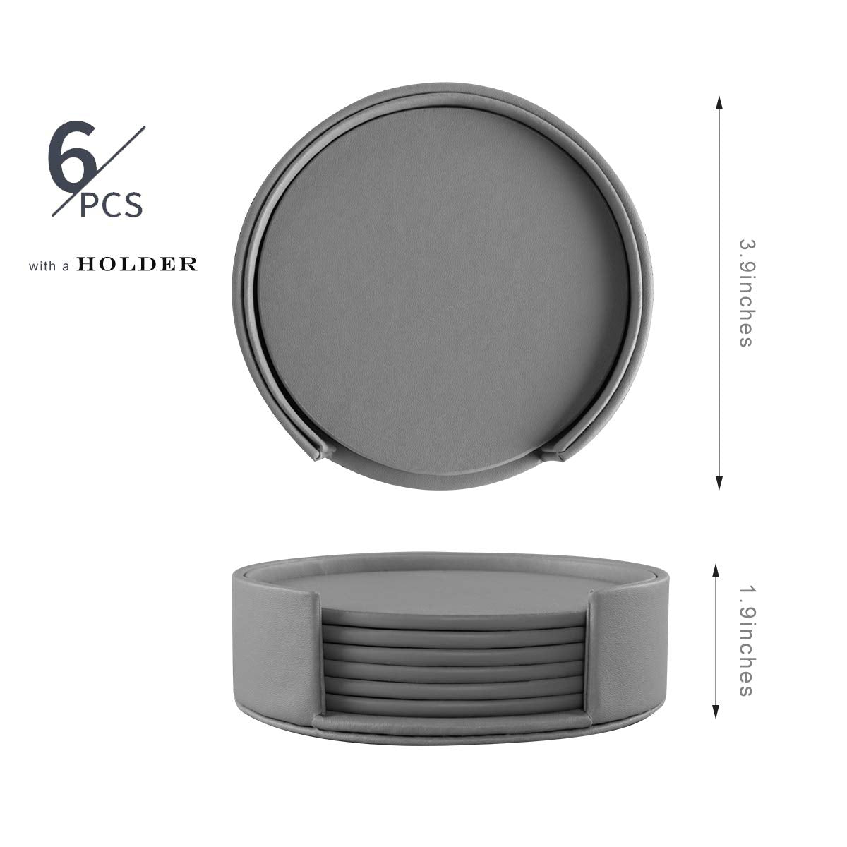 6 Pieces Grey Coasters, Coasters for Drinks with a Holder Cup Mat Pad Protect Furniture from Coffee or Tea Marks(Grey, Round)