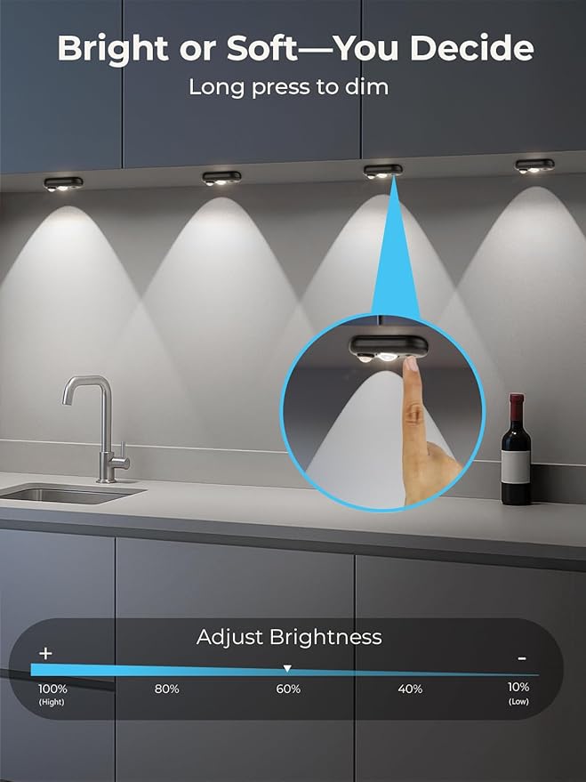 YGS-Tech LED Motion Sensor Light Indoor, Rechargeable Puck Lights, Magnetic Dimmable Under Cabinet Light, Wireless LED Lights for Closet, Kitchen, Stairs, Daylight White, 6-Pack (Black)