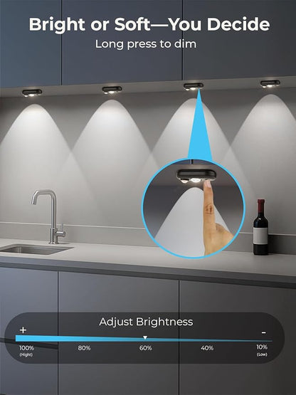 YGS-Tech LED Motion Sensor Light Indoor, Rechargeable Puck Lights, Magnetic Dimmable Under Cabinet Light, Wireless LED Lights for Closet, Kitchen, Stairs, Daylight White, 6-Pack (Black)