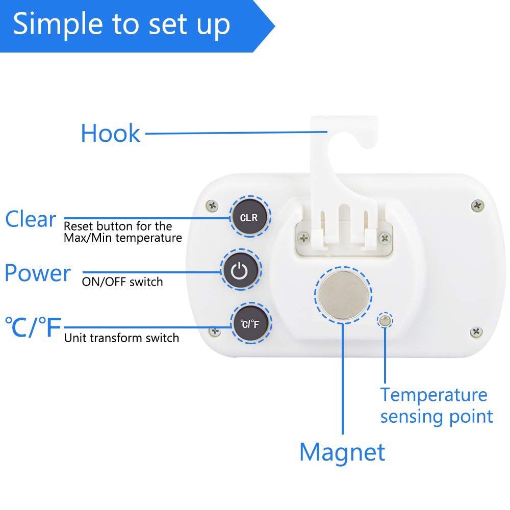 Refrigerator Thermometer Digital Fridge Freeze Room Thermometer Waterproof Large LCD Display Max/Min Record Function, White