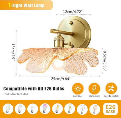 Gold Bathroom Vanity Lights Over Mirror Vintage Wall Sconces Light Wall lamp with Amber Glass Flower Shade mid Century Modern Vanity Light Bathroom Wall Sconces for Bedroom Hallway Living Room