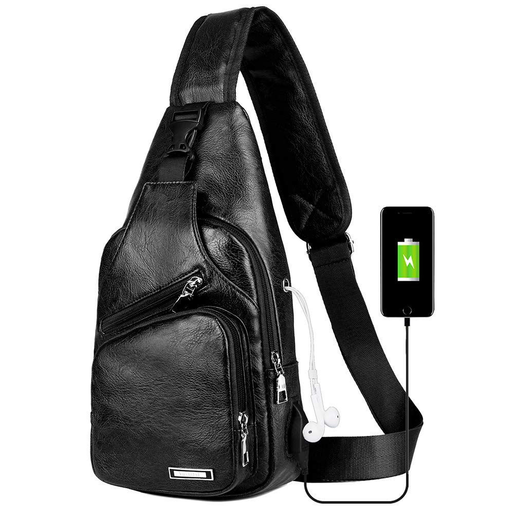 Peicees Leather Sling Bag Mens Crossbody Chest Bag Sling Backpack with USB Charge Port