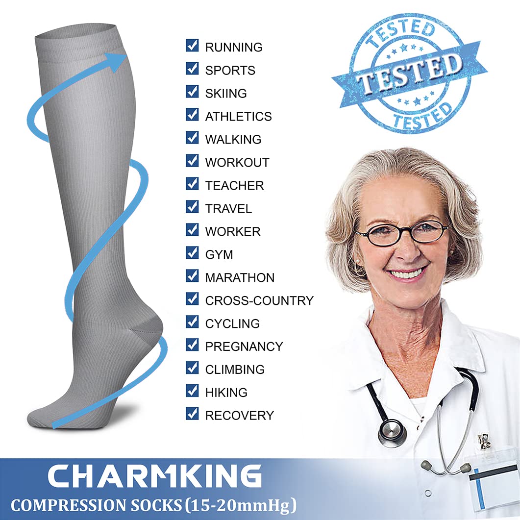 CHARMKING Compression Socks for Women & Men (8 Pairs) 15-20 mmHg Graduated Copper Support Calf Socks are Best for Pregnant, Nurses - Boost Performance, Circulation, Knee High Wide Calf(L/XL, Multi 43)