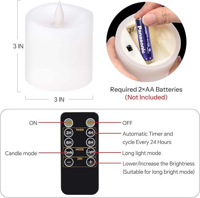 3x3 Flickering Flameless Candles, Real Wax LED Battery Operated Candles, 3 inch Flameless Candles with Remote, for Wedding Holiday Decorations,White
