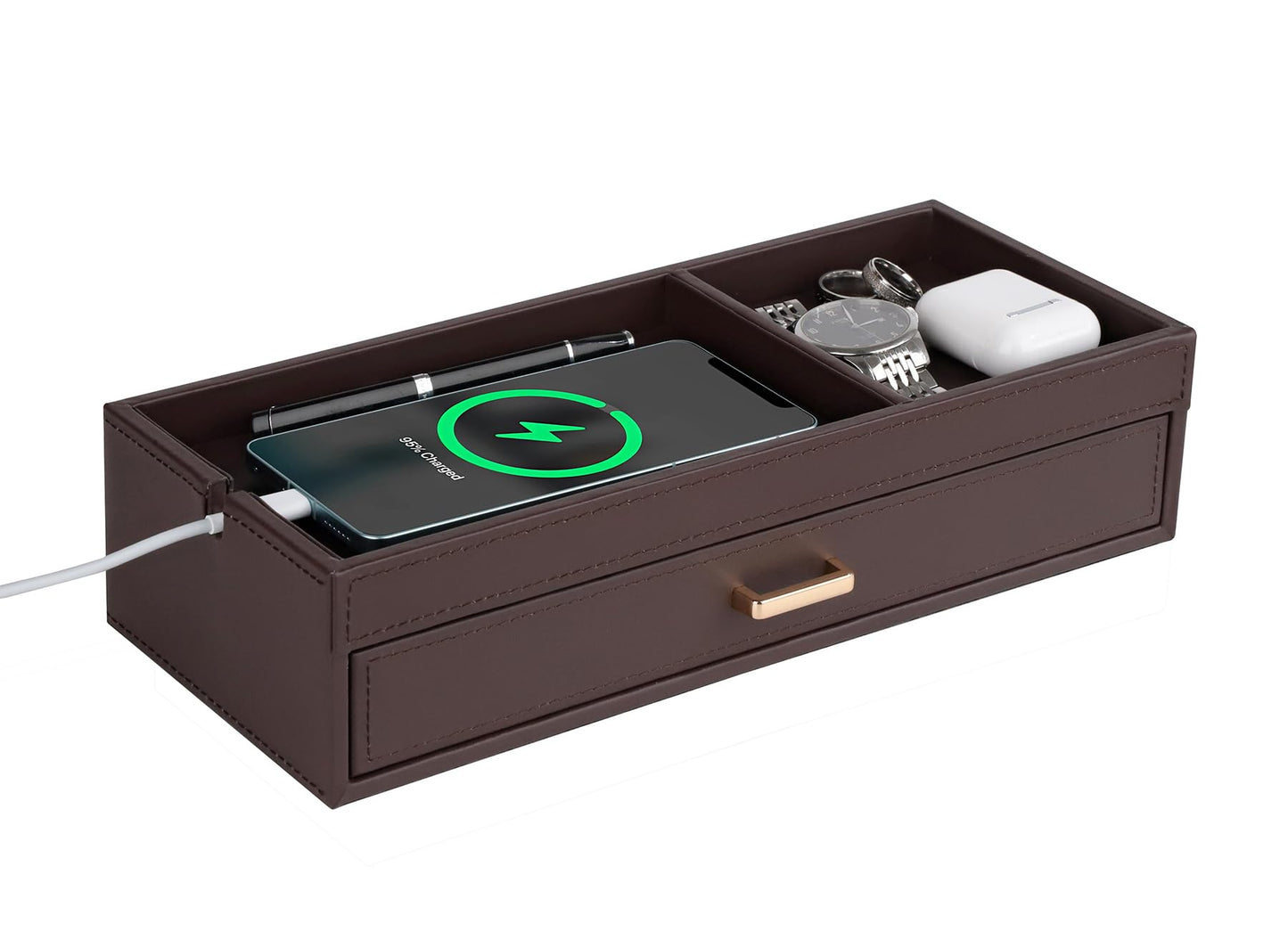HofferRuffer Valet Jewelry Tray Organizer with Drawer, Faux Leather Storage Catchall Box Phone Charging Station Tray with Dresser Nightstand Desktop Drawer Organizer (Dark Brown)
