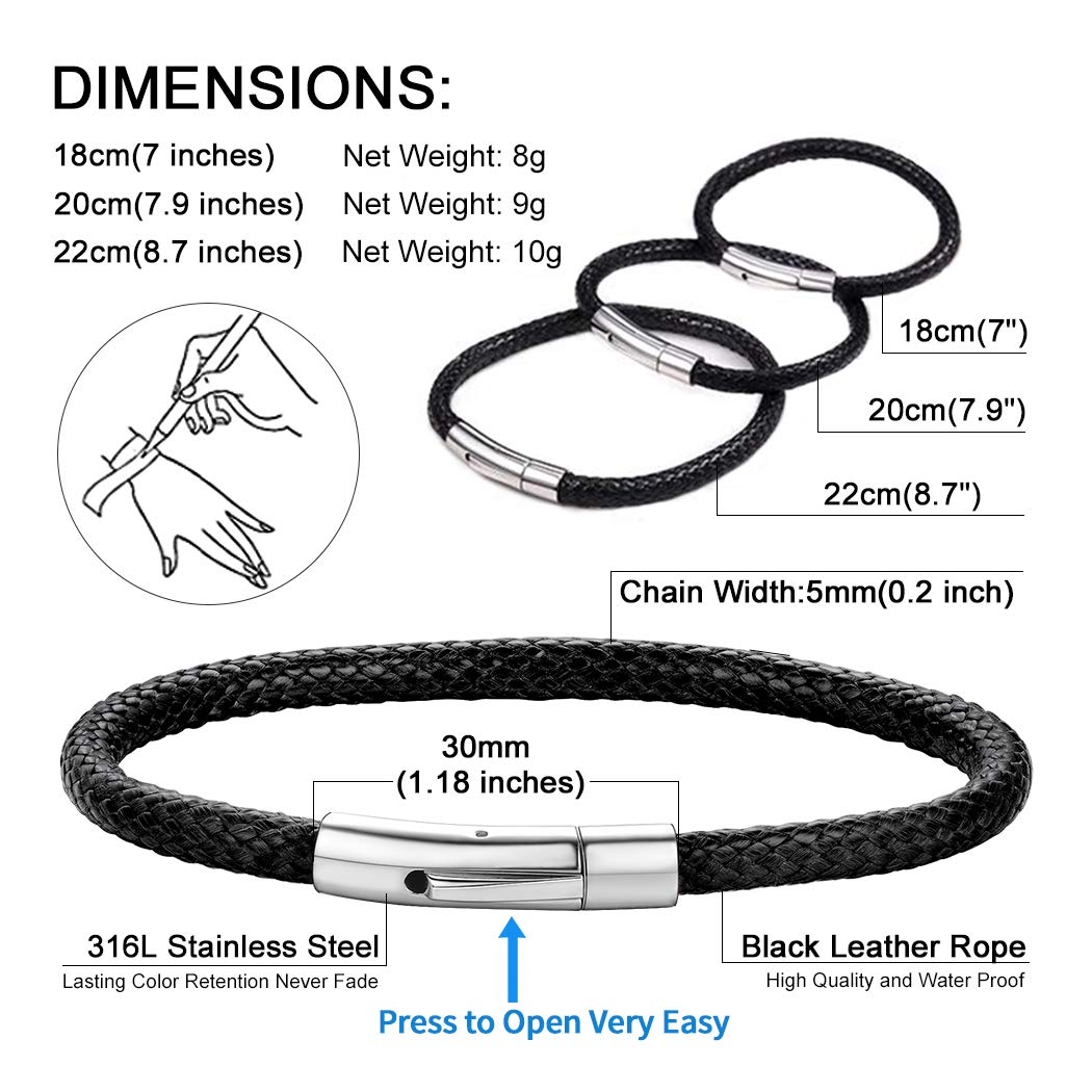 ChainsHouse Mens Waterproof Leather Bracelet 5mm 8.7inch Black Wrap Cuff Bangle for Male Birthday Gift