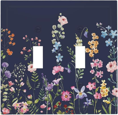 Rustic Wild Floral Darkground Vintage Watercolor Flower Double Toggle Light Switch Covers Decorative 2 Gang Wall Plate Dual Electrical Faceplate Switchplate for Kitchen Decor