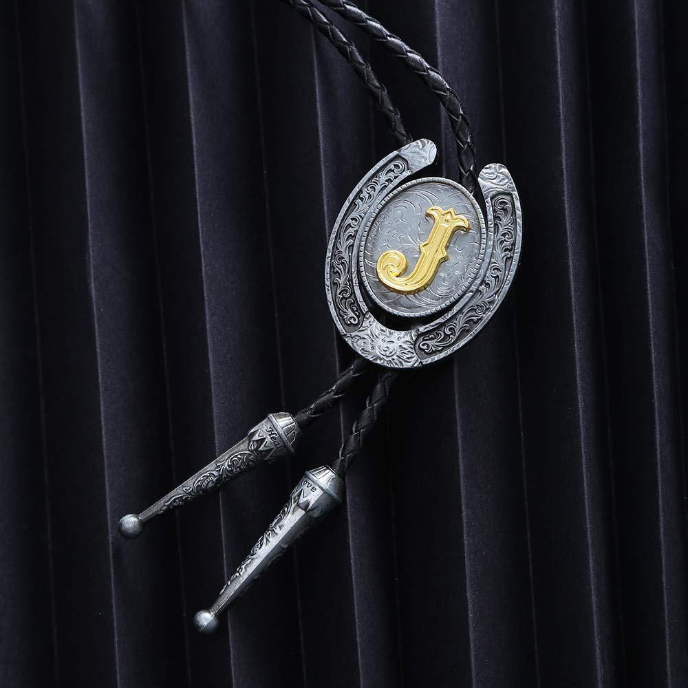 HUABOLA CALYN Vintage Bolo Tie for Men- Initial Letter ABCDMJR to Z Western Cowboy Bolo Tie for Women (J)