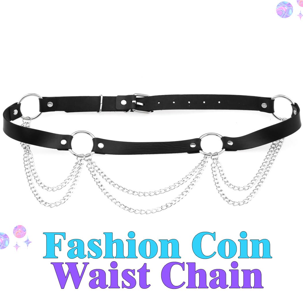 REETAN Goth Waist Chain Belt Black Leather Rave Punk Body Accessories for Women