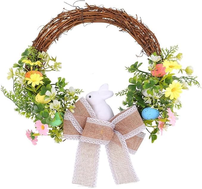 Spring Easter Wreath with Bunny, Floral Decorations, Burlap Bow, 14 inches