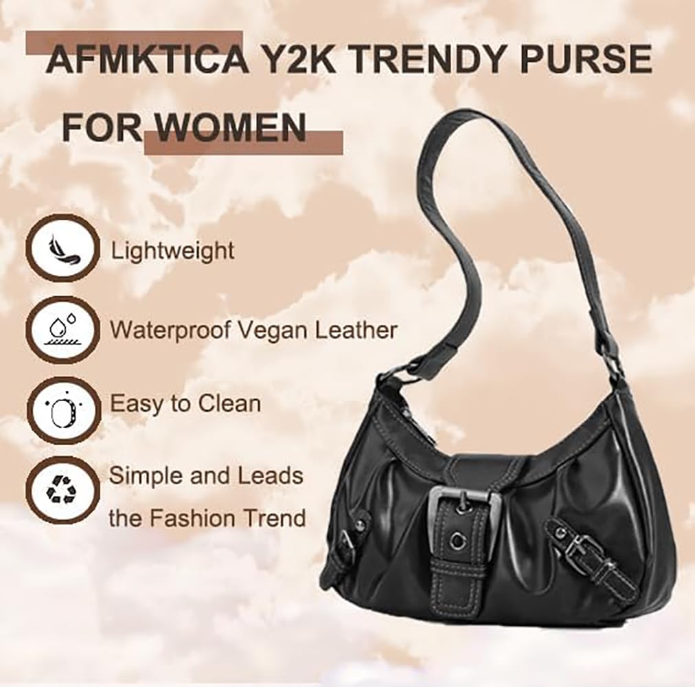 AFMKTICA Y2K Trendy Purse for Women, Leather Buckle Punk Hobo Clutch Purses Bags for Ladies Top Handle Shoulder Bag (Deep black)