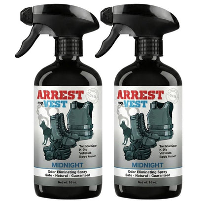 Arrest My Vest Military and Police Grade Odor Eliminating Spray for Body Armor Odor, Tactical Gear. Safe on K9's. Safe on All Ballistic Vests and Fabrics - Midnight Fragrance - 2 16 oz Bottles