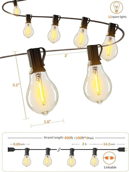 400FT Outdoor String Lights LED Waterproof Patio String Lights for Outside with 200+12ea Extra A39 2200K Warm Yellow Vintage Bulbs for Outdoor Bistro Backyard Lights, 4Pack x 100FT Linkable