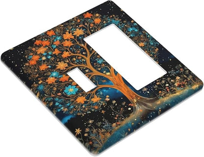 Magical Tree, Night Sky, Whimsical, Fantasy Art, Floral Tree, Blooming Flowers, Starry Background, Vibrant Colors, Blue And Orange Flowers