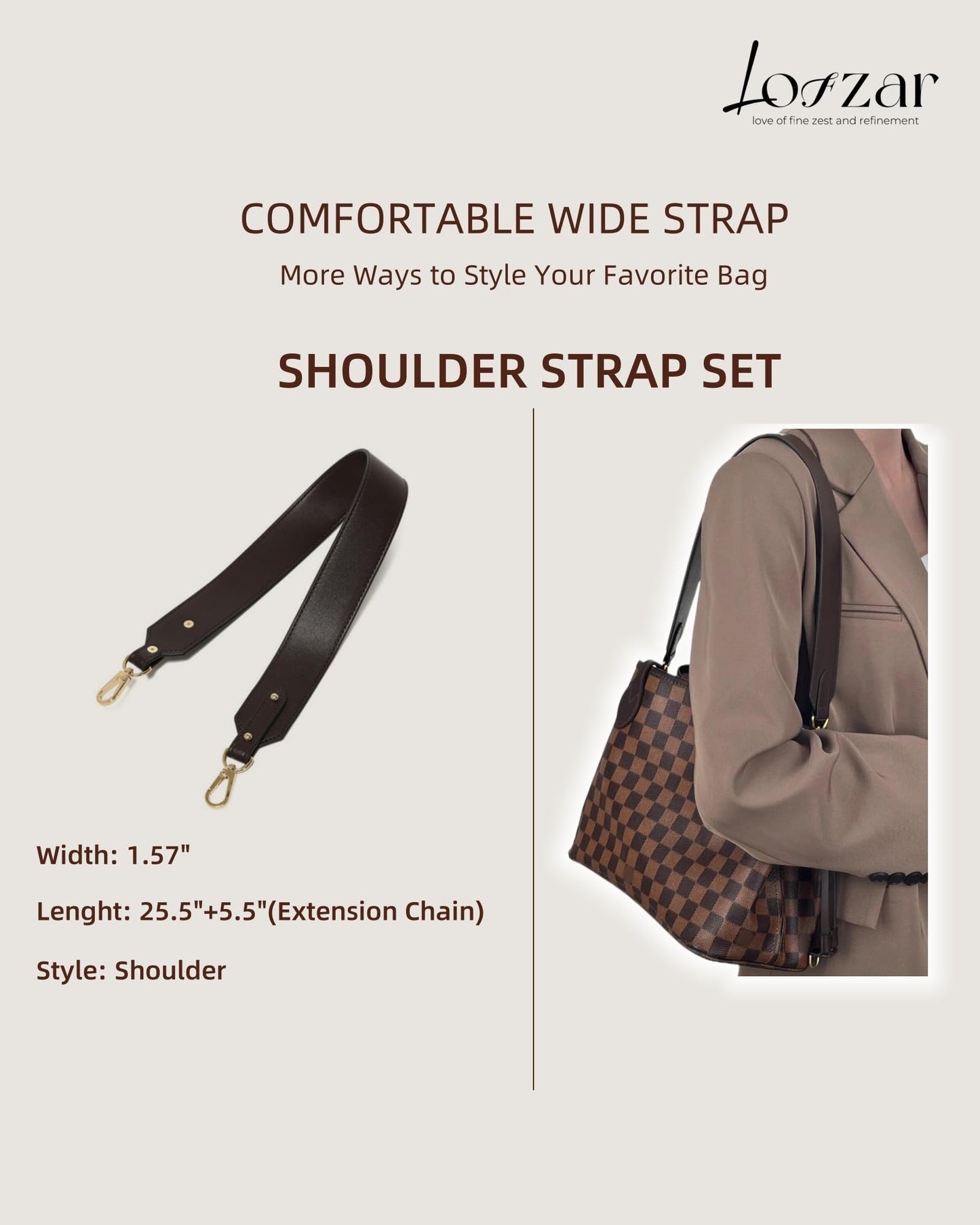 LOFZAR Wide Vachetta Leather Replacement Bag Strap, Fits Neverfull PM/MM/GM Graceful and More (37.8" L, Dark Brown)