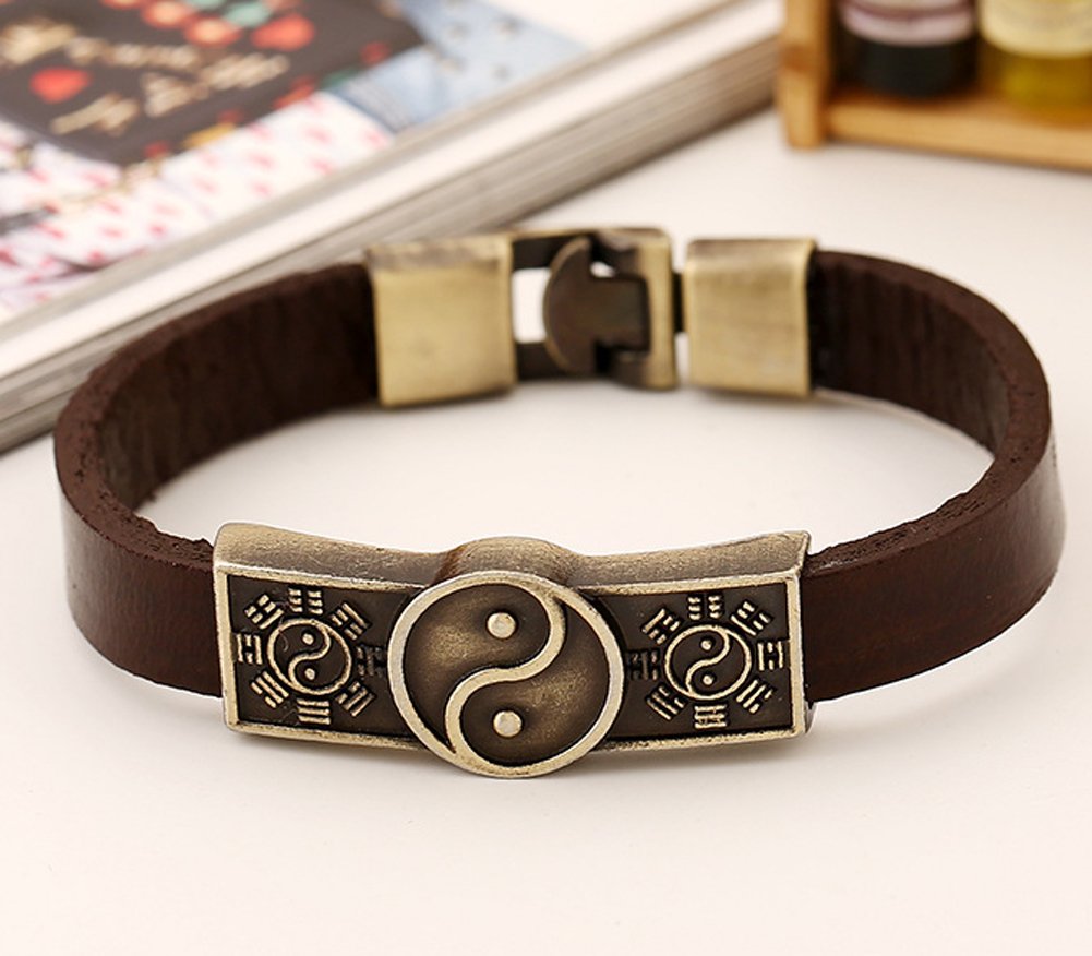 Hamoery Men Punk Alloy Leather Bracelet Taiji Bracelet Bangle Wristband(Taiji)