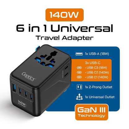 Ceptics 6 in 1 International Power Adapter with PD 140W USB-C, 1x USB-A, 3X Type C, Universal Input and 1x USA/JP Input with Type A, C, G, I Plug outlets for Global Travel – CE & RoHS Certified