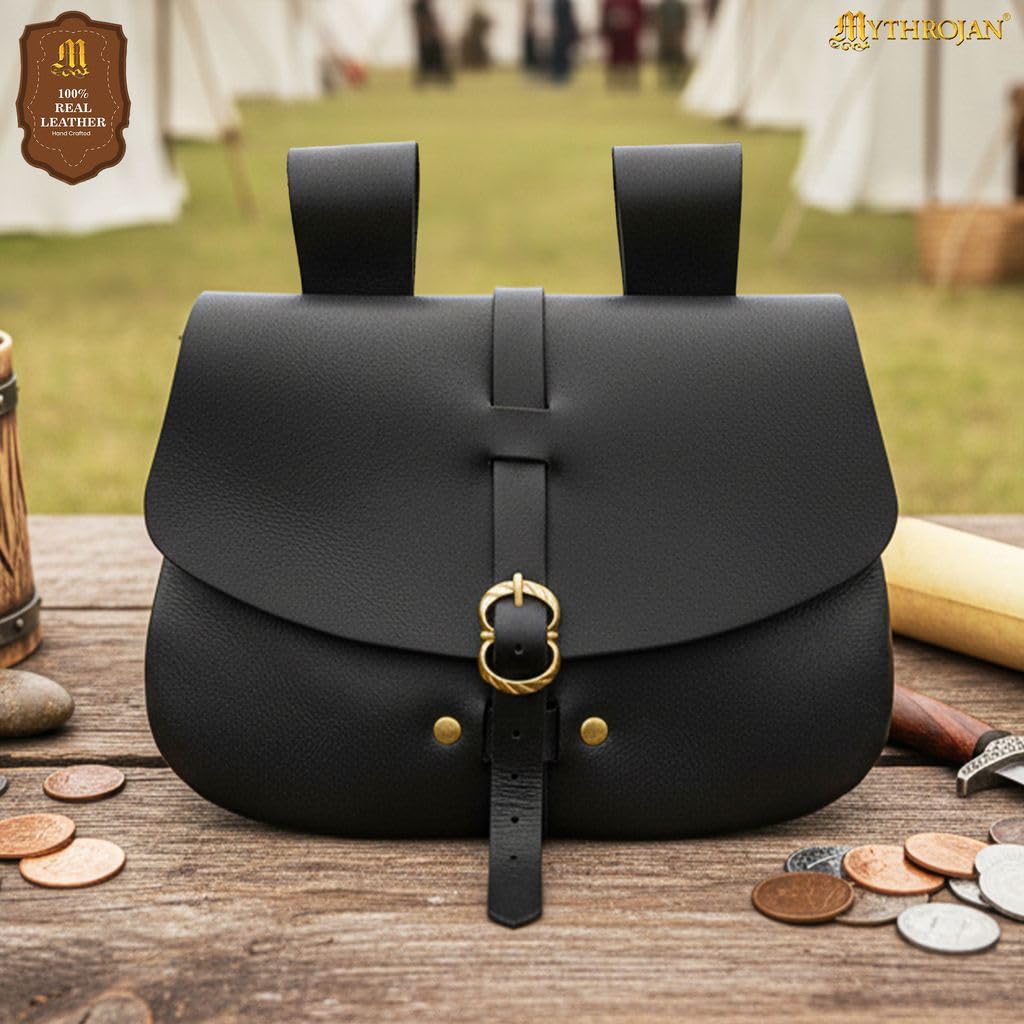"Medieval Leather Belt Pouch Vintage Waist Bag for LARP, Renaissance Fairs, Costumes, Cellphone Holder, Travel Wallet, Fanny Pack, Holster Purse Durable & Stylish Pouch - Black, 6.2" x 7"