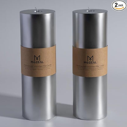 MOZEAL 4" x 12" Extra-Large Silver Pillar Candles (Set of 2), Unscented,Dripless, Smokeless,Long Clean-Burning,These Tall 12 inch Large Silver Pillar Candles Perfect for Weddings and Christmas Decor