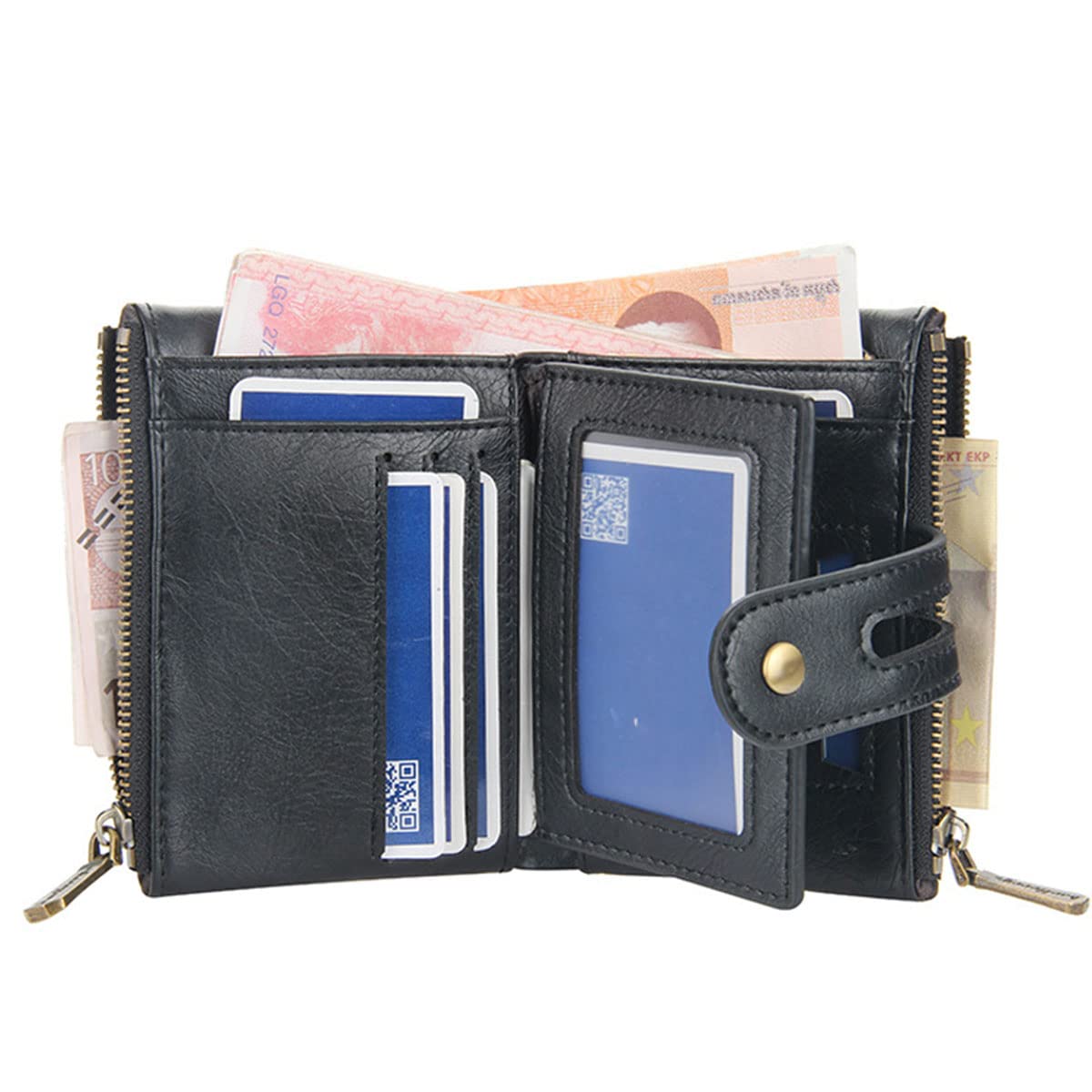 SUMGOGO Wallets for Men Bifold Leather Wallets with Chain RFID Blocking Double Zipper Coin Pocket Short Purse (Coffee)