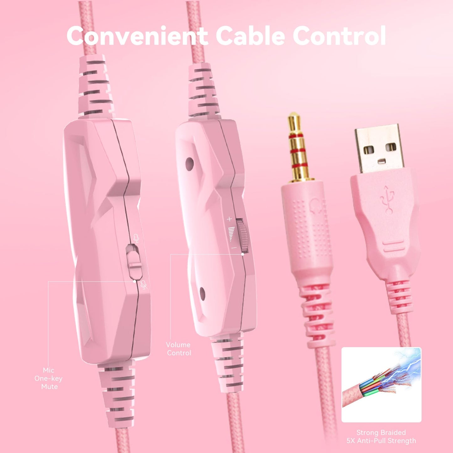 Gaming Headset with Microphone for Pc, Xbox One Series X/s, Ps4, Ps5, Switch, Stereo Wired Noise Cancelling Over-Ear Headphones with Mic, RGB, for Computer, Laptop, Mac, Nintendo (Pink)