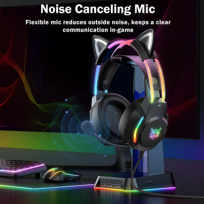 ONITOON Gaming Headset with Microphone, Cat Ear Headphones for PC Laptop PS4 PS5 Xbox Switch, Rainbow RGB Lighting & Virtual Surround Sound, 3.5mm Wired Over Ear Headphones, Ergonomic