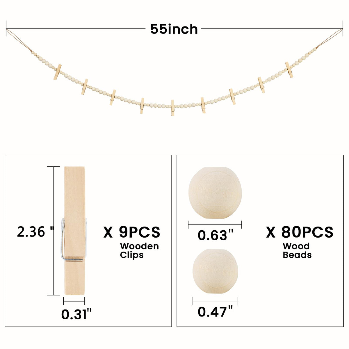 KLOGTSIND Hanging Photo Display Wall Decor, 2PCS Boho Wooden Bead Garland Collage Picture Frame with 9 Wood Clips for Bedroom, Living Room, Office, Dorm Decor, Photos Holder Teen Girl Gifts