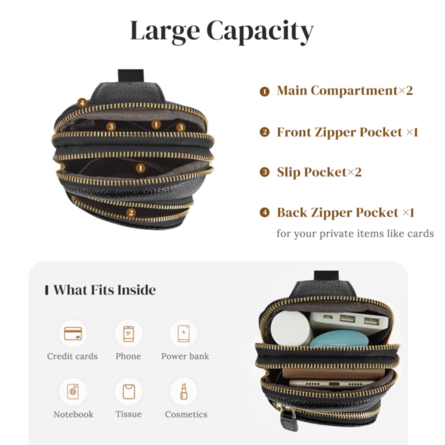 S-ZONE Small/Medium Women Leather Crossbody Sling Bag RFID Blocking Men Chest Packs Backpack Unisex, Black, Small, Retro