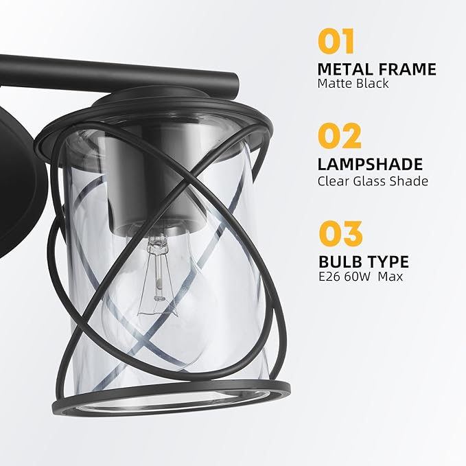 MavCadonF 2-Lights Vanity Lights, Matte Black Farmhouse Wall Lights with Clear Glass Shade, Over Mirror Vanity Light, Kitchen Bedroom Bathroom Wall Lamp