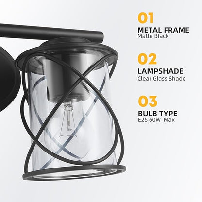 MAVCADONF 3-Lights Matte Black Cage Shade Modern Bathroom Vanity Light Fixtures Over Mirror, Bathroom Wall Lamp for Mirror, Kitchen, Bedroom