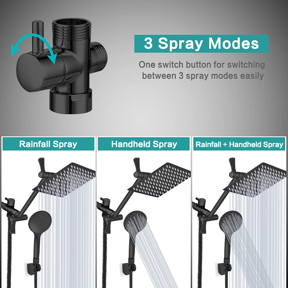 Shower Head, 8‘’ High Pressure Rainfall/Handheld Shower Combo with 11'' Extension Arm, 9 Settings, Anti-leak Shower Head with Holder, Height/Angle Adjustable, Chrome, Matte Black