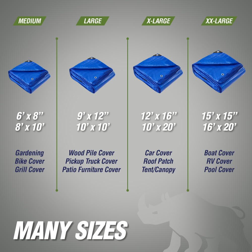 RUGGED RHINO Heavy Duty Waterproof Tarp, UV and Tear Resistant Cover with Reinforced Grommets and Corners, Outdoor Multipurpose Tarps for Camping, Patio, Garden, Car & Roof, 5 Mil, 6x8, 1 Pack, Blue