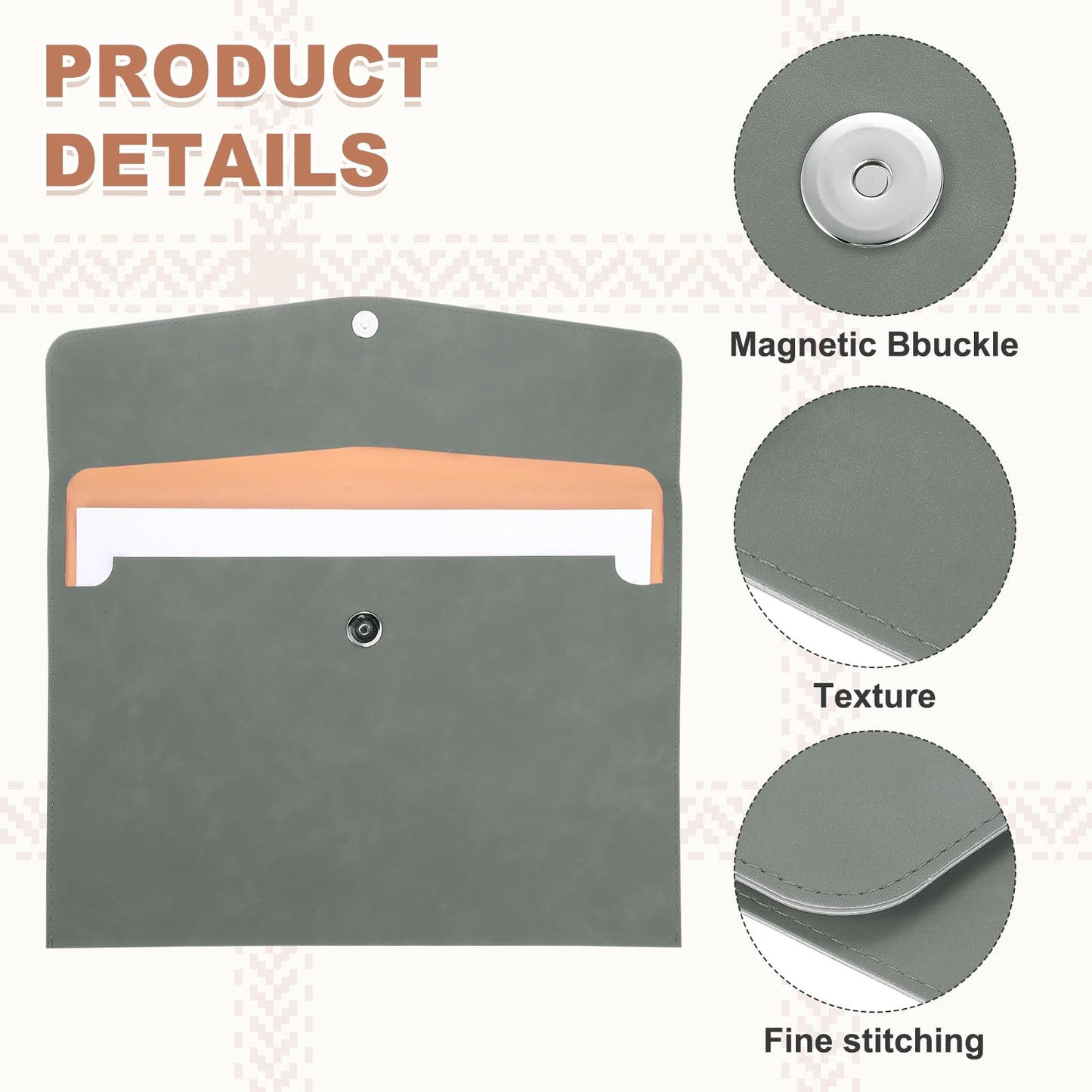 PATIKIL 2Pcs PU Leather File Folders, 13x9 A4 Document Holder Waterproof Envelope Folder with Snap Closure, Portable Portfolio Organizer Case for Paper Receipt, Gray/Green