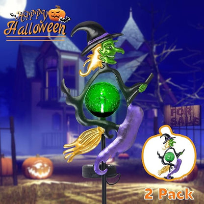 Viveta Solar Halloween Lights, Witch Halloween Decorations Solar Stake Lights with Crackle Glass Ball for Outdoor Pathway Garden Yard Patio, 2 Pack