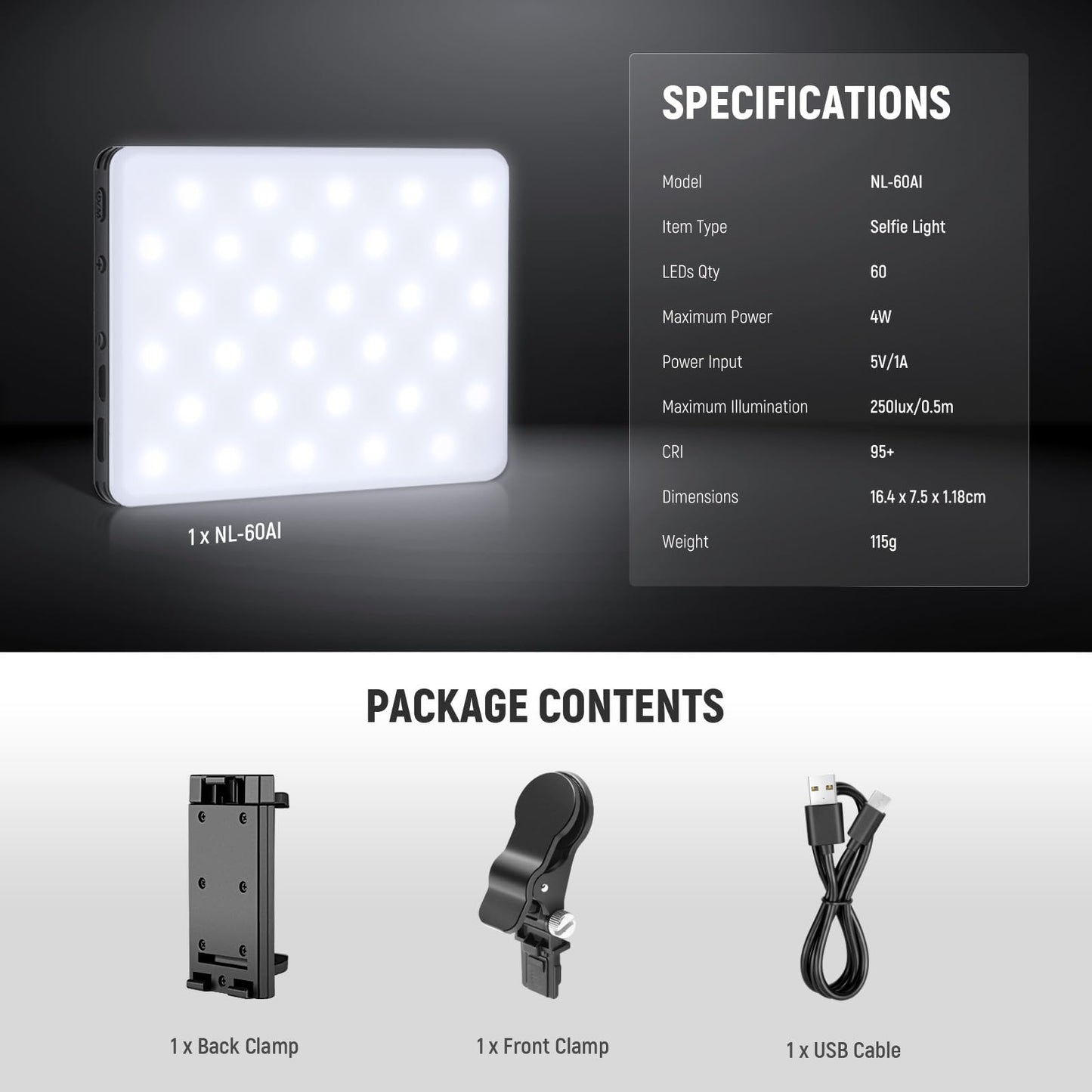 NEEWER Basics NL-60AI Selfie Light for Phone with Front & Back Clip, 60 LED 2000mAh Rechargeable CRI95+, 3 Modes, Portable Clip on Fill Lighting for Tablet Computer Laptop Zoom Call TikTok Video
