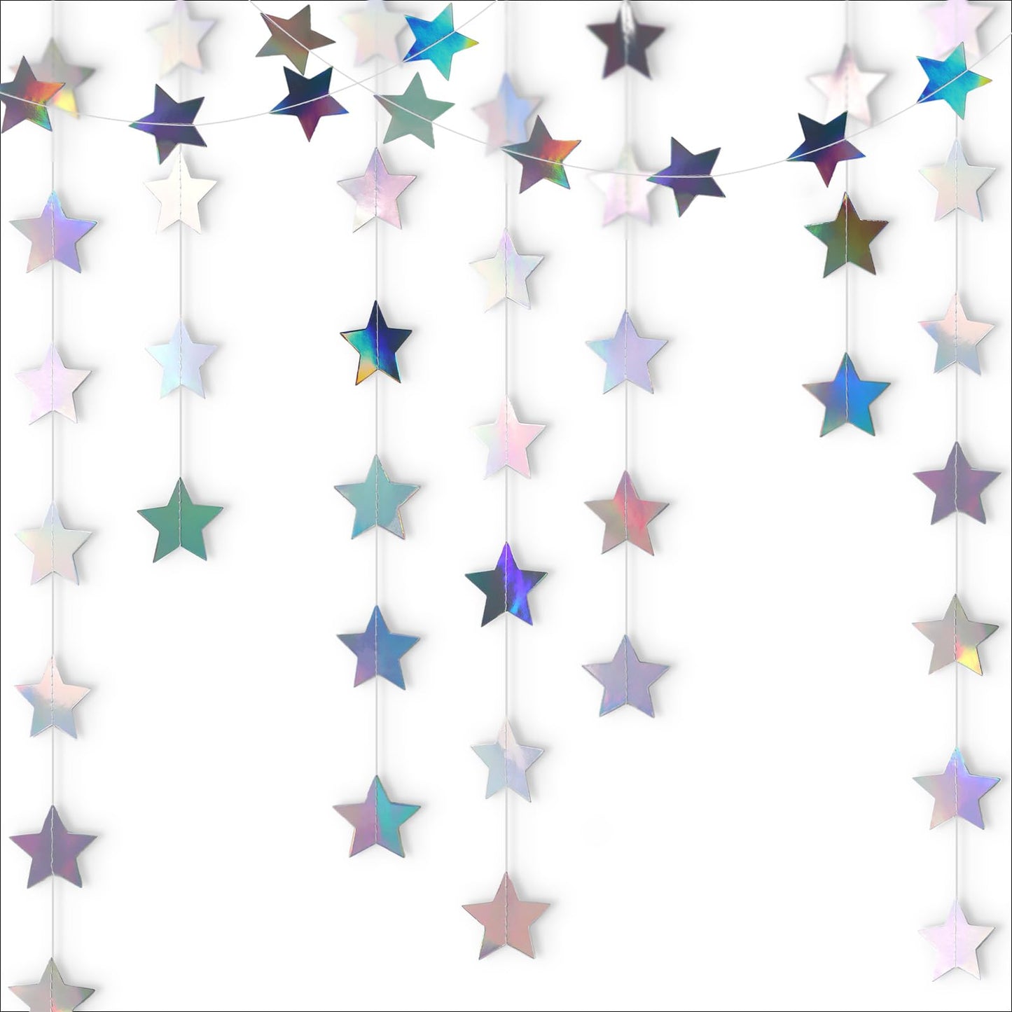 Iridescent-Star-Garland 90FT – 240 Pcs Sparkling Star Streamers-Hanging Glitter Star Banner Backdrop for Birthday, Baby Shower, Wedding, Christmas Party Decorations (6 Packs)