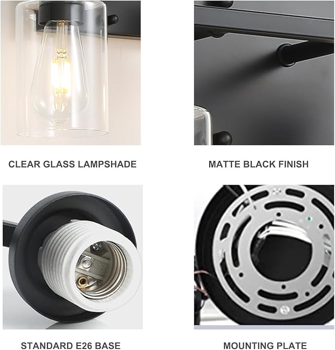 2-Lights Wall Lighting Matte Black Bathroom Vanity Light Fixtures,Vintage E26 Base Sconces with Clear Glass Shades, Farmhouse Modern Wall Lamp for Hallway,Bedroom,Living Room