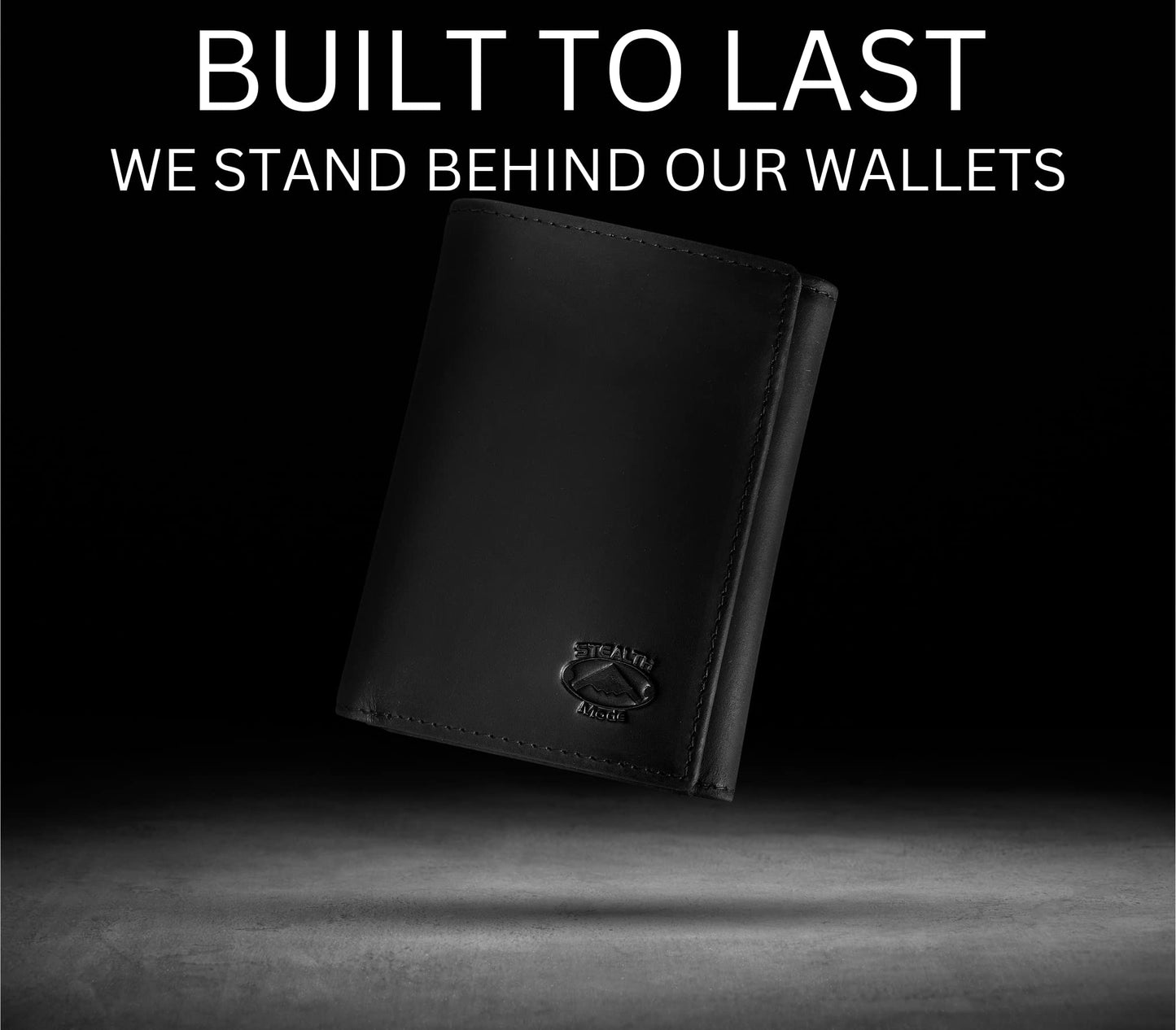 Stealth Mode Trifold Leather Wallet for Men with ID Holder and RFID Blocking (Black)