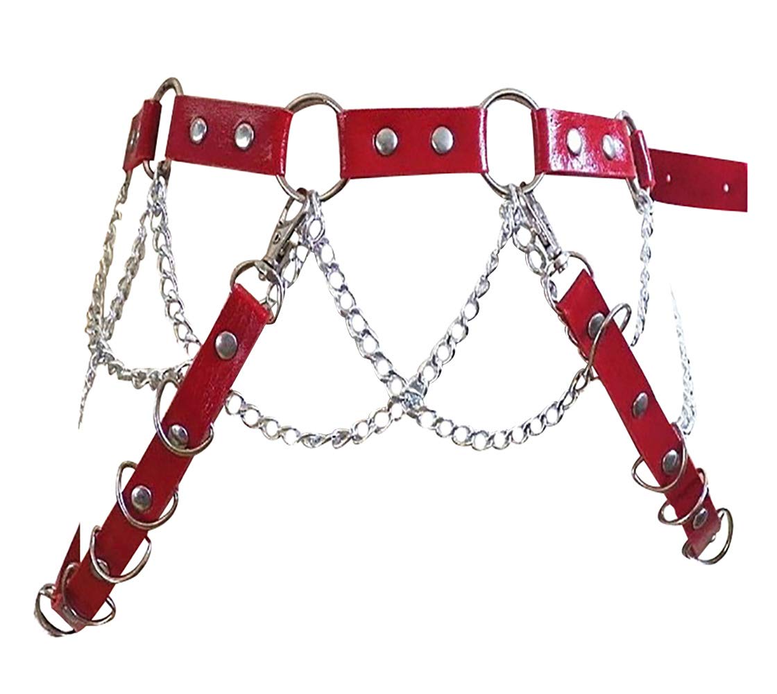 Punk Women Red Leather Harness Garter Belt Adjustable Waist Leg Body Chain Caged with Metal Tassel for Dress Rave Club Party