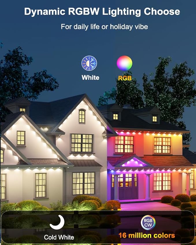 50FT Permanent Outdoor Lights, 108 Scene Modes Smart RGBW+IC Outdoor Christmas Lights with Remote APP Control, IP67 Waterproof LED Eaves Lighting for Halloween Party, Daily, Garden Decor