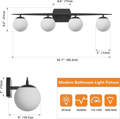 Black Vanity Lighting Fixtures, 4-Light 34.7 Inch Modern Bathroom Light with Milky White Frosted Glass Shades, Wall Lights for Bathroom, Bedroom, Living Room（G9 Bulb not Included）