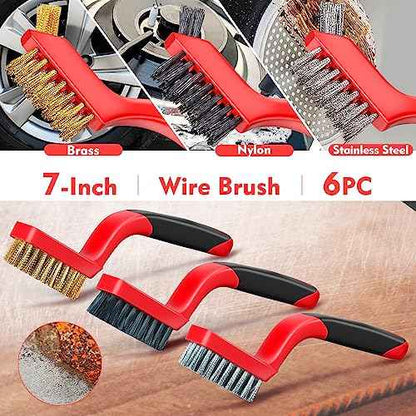 Wire Brush Set, 4-Piece - Nylon/Brass/Stainless Steel Wire Brush/Cleaning Towel with Curved Handle for Rust Removal, Stain Removal and Paint Brush Deep Cleaning - 7-Inch and 8-Inch (Red)