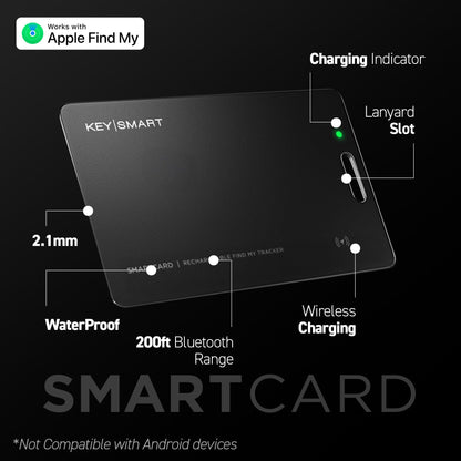 KeySmart MFI-Certified SmartCard Wallet Tracker Card, Compatible with Apple Find My App, Rechargeable Thin GPS Item Finder for Luggage Tag, Smart Bluetooth Tracking with Key Chain Hole Black, 1 Pack