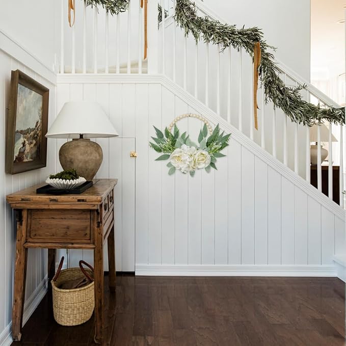 Spring Wreaths for Front Door 10" Artificial Floral Wood Bead Wreaths Eucalyptus Leaves Rose Hydrangea Wreaths for Front Door Boho Farmhouse Wall Decor 2 Pack - White