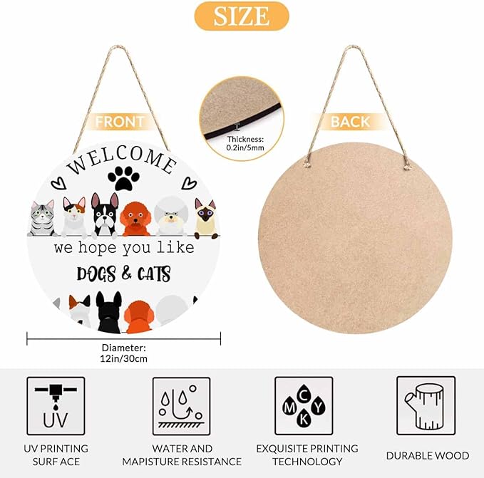 Welcome Front Door Sign Decor We Hope You Like Dogs & Cats 12in Wooden Hanging Plaque Sign for Porch Yard