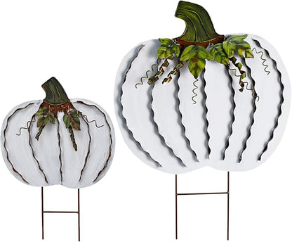 Metal Pumpkin Stakes Yard Signs Fall Decor Decorative Garden Stake Lawn Pumpkins Ornaments Outdoor Autumn Decoration for Harvest Halloween Thanksgiving (17.5" H+26" H White)