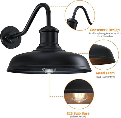 13.8'' Diameter Large Outdoor Gooseneck Barn Light 2 Packs, Outdoor Wall Sconce Farmhouse Exterior Light Wall Lighting Fixture Industrial Outside Lantern for Porch, Patio, Garage, Black (No Sensor)